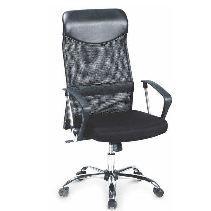 Scaun birou HLM Viro, mesh, Ergonomic, Cadru Metal, Piele ecologica, Inaltime ajustabila, Mecanism balansare, H 120 cm, Sarcina max 100 Kg, Negru