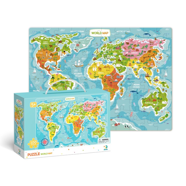 Puzzle cu harta lumii, Dodo, 100 piese, 5+, Multicolor