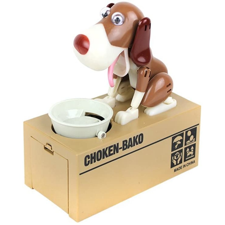 Pusculita automata Doggy Bank, design comic, interactiva, funtioneaza cu baterii, model catel maro, Doty