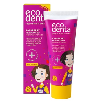 Pasta de dinti Ecodenta, naturala impotriva tartrului si cariilor cu gust de zmeura, pentru copii, 75 ml Pasta de dinti Ecodenta, naturala impotriva tartrului si cariilor cu gust de zmeura, pentru copii, 75 ml