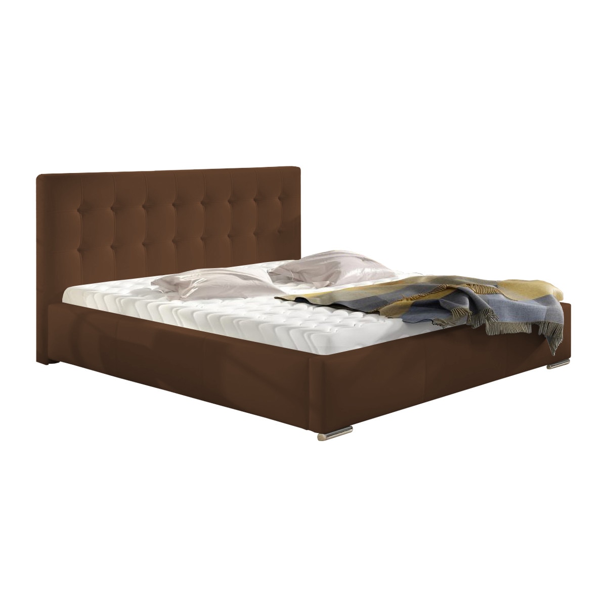 Pat tapitat Alisa maro, MobAmbient, cu tablie inalta, somiera metalica rabatabila, lada de depozitare, pentru saltea 160 x 200 cm