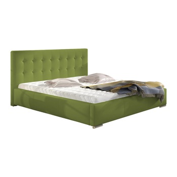 Pat tapitat Alisa verde deschis, MobAmbient, cu tablie inalta, somiera metalica rabatabila, lada de depozitare, pentru saltea 160 x 200 cm Pat tapitat Alisa verde deschis, MobAmbient, cu tablie inalta, somiera metalica rabatabila, lada de depozitare, pentru saltea 160 x 200 cm