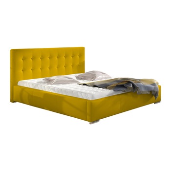 Pat tapitat Alisa galben, MobAmbient, cu tablie inalta, somiera metalica rabatabila, lada de depozitare, pentru saltea 160 x 200 cm Pat tapitat Alisa galben, MobAmbient, cu tablie inalta, somiera metalica rabatabila, lada de depozitare, pentru saltea 160 x 200 cm