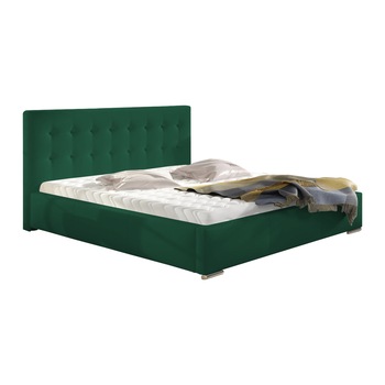 Pat tapitat Alisa verde inchis, MobAmbient, cu tablie inalta, somiera metalica rabatabila, lada de depozitare, pentru saltea 160 x 200 cm Pat tapitat Alisa verde inchis, MobAmbient, cu tablie inalta, somiera metalica rabatabila, lada de depozitare, pentru saltea 160 x 200 cm