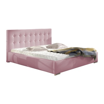 Pat tapitat Alisa roz pastel, MobAmbient, cu tablie inalta, somiera metalica rabatabila, lada de depozitare, pentru saltea 160 x 200 cm Pat tapitat Alisa roz pastel, MobAmbient, cu tablie inalta, somiera metalica rabatabila, lada de depozitare, pentru saltea 160 x 200 cm