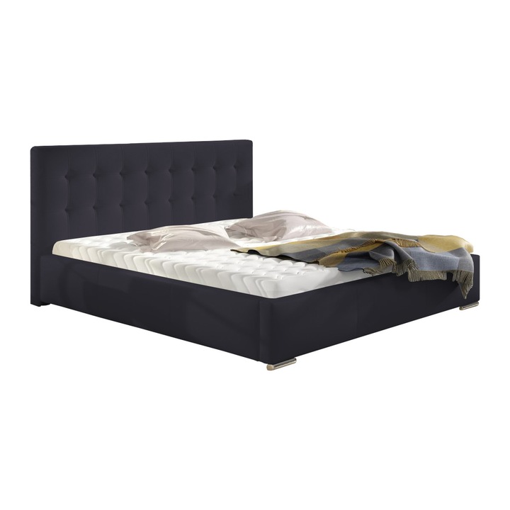 Pat tapitat Alisa negru, MobAmbient, cu tablie inalta, somiera metalica rabatabila, lada de depozitare, pentru saltea 160 x 200 cm