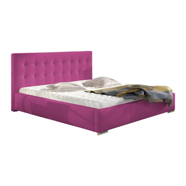 Pat tapitat Alisa roz, MobAmbient, cu tablie inalta, somiera metalica rabatabila, lada de depozitare, pentru saltea 160 x 200 cm