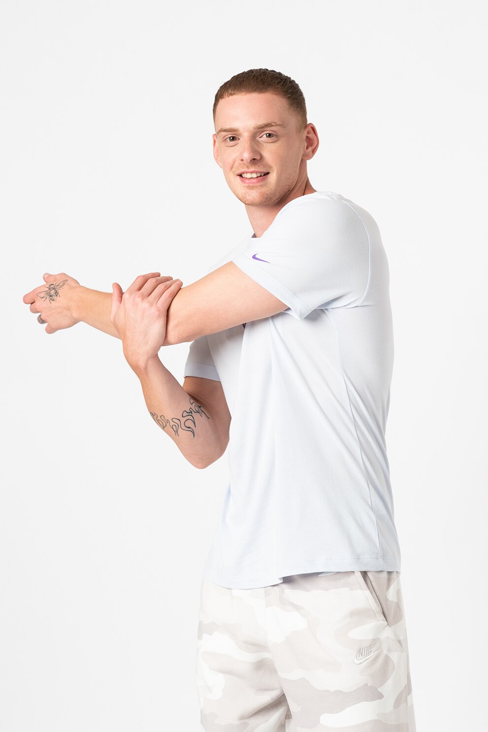 Nike, Tricou din amestec de bumbac pentru tenis Dri-Fit, gri cenusa, violet