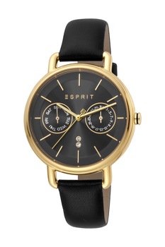 Esprit, Ceas cu functii multiple si curea de piele, Negru/Auriu Esprit, Ceas cu functii multiple si curea de piele, Negru/Auriu