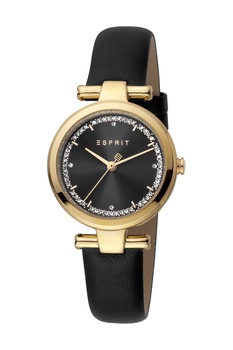 Esprit, Ceas cu o curea de piele si cristale pe cadran, Negru/Auriu Esprit, Ceas cu o curea de piele si cristale pe cadran, Negru/Auriu