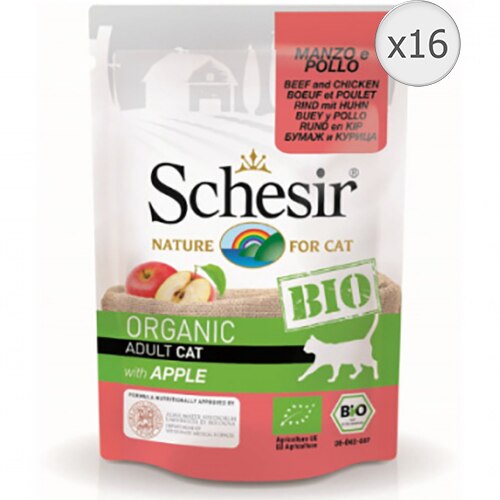 Hrana umeda pentru pisici Schesir Bio, Vita si Pui, 16 x 85 g