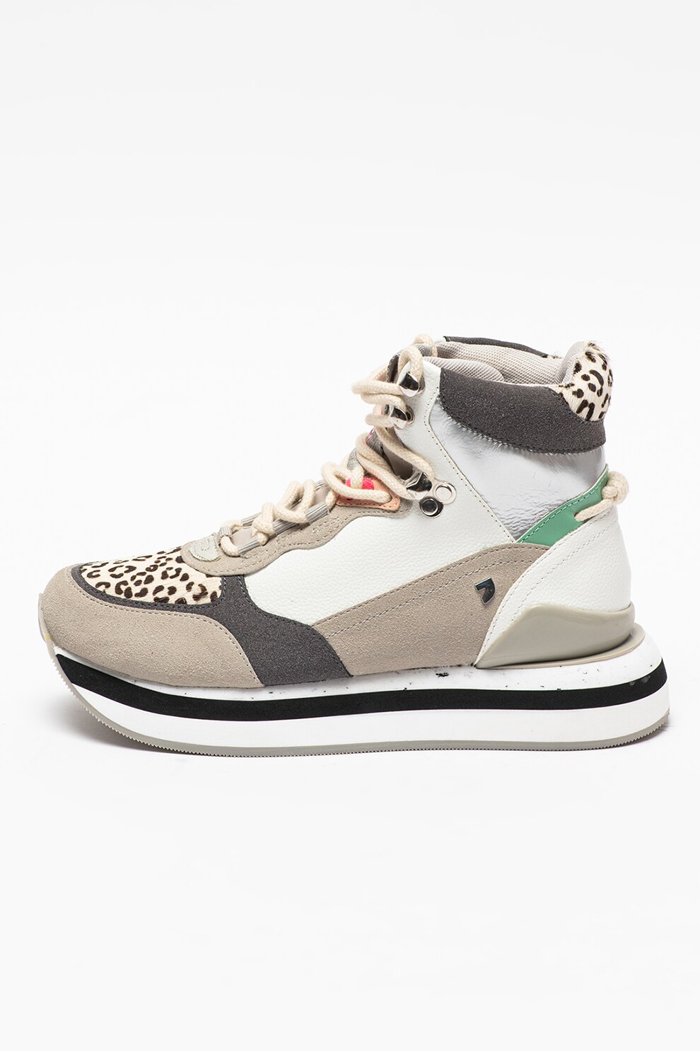 Gioseppo, Pantofi sport mid-high cu detaliu animal print Frolan, Alb/Gri cenusa/Maro nisip, 40
