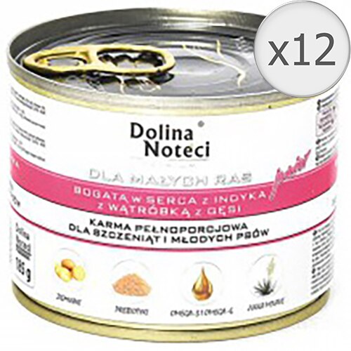 Hrana umeda pentru caini Dolina Noteci Mini, Junior, Inima Curcan si Ficat Gasca, 12 x 185 g