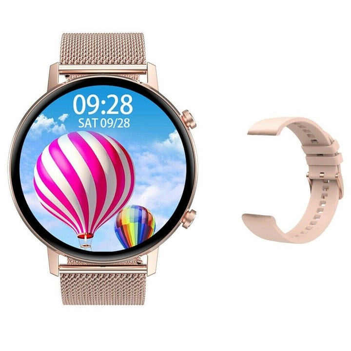 Ceas SmartWatch SmartVIBE™ ACTIVE,1.3" FULL Touch Display, Monitorizare Ritm Cardiac si Tensiune Arteriala, Oximetru SpO2, Notificari Apeluri/Sms/Social Media, Monitorizare Somn, 2 Bratari Metalica si Silicon, Gold Edition