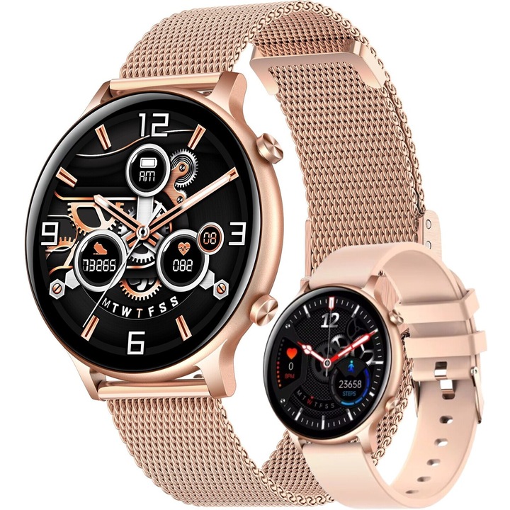 Часовник SmartWatch SmartVIBE™ ACTIVE, 1,3" FULL, Сензорен дисплей, Мониторинг на сърдечната честота и кръвното налягане, SpO2 оксиметър, Известия за обаждания/SMS/Социални медии, Мониторинг на съня, 2 метални/силиконови каишки, Gold Edition