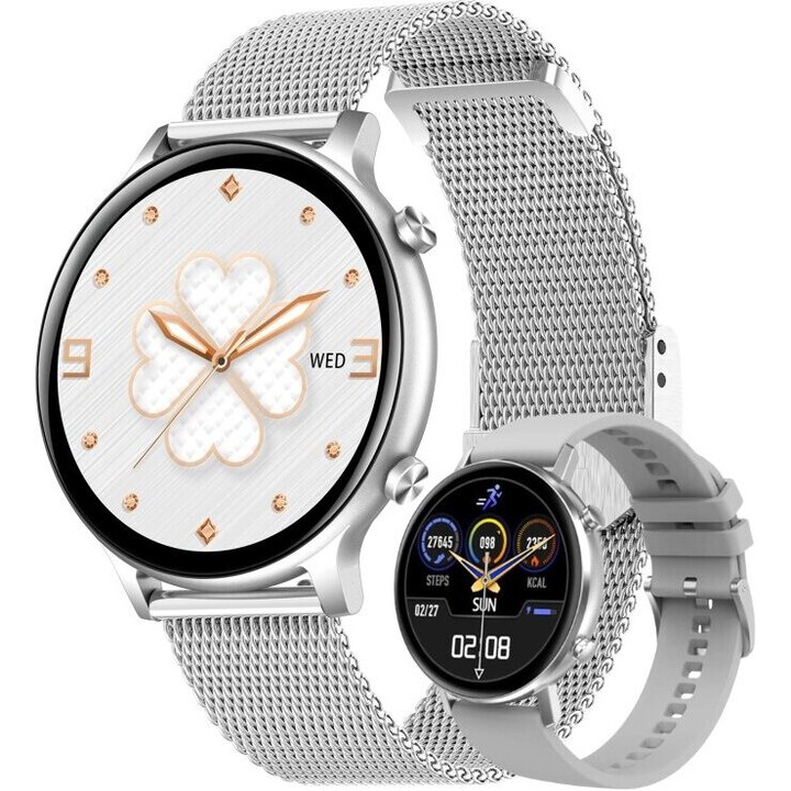 Часовник SmartWatch SmartVIBE™️ ACTIVE, 1,3" FULL Touch Display, Мониторинг на сърдечната честота и кръвното налягане, SpO2 оксиметър, Известия за обаждания/SMS/Социални мрежи, Мониторинг на съня, 2 метални/силиконови гривни, Silver Edition
