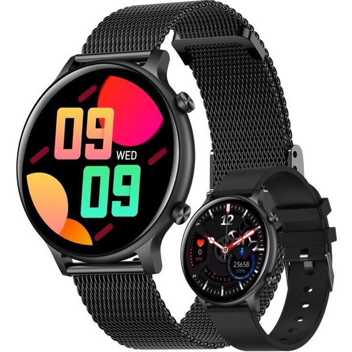 Часовник SmartWatch SmartVIBE™ ACTIVE, 1,3" FULL сензорен дисплей, Мониторинг на сърдечната честота и кръвното, SpO2 оксиметър, Известия за обаждания/Sms/социални медии, Мониторинг на съня, 2 метални/силиконови каишки, Black Edition