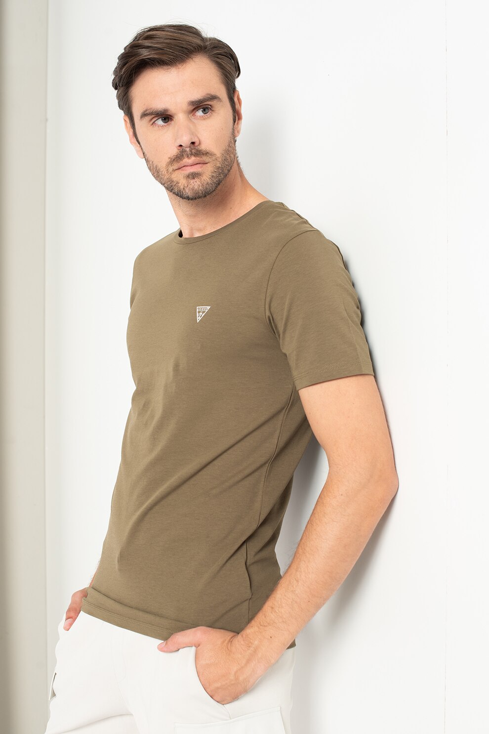 Guess, Tricou de casa cu decolteu la baza gatului, Verde oliv