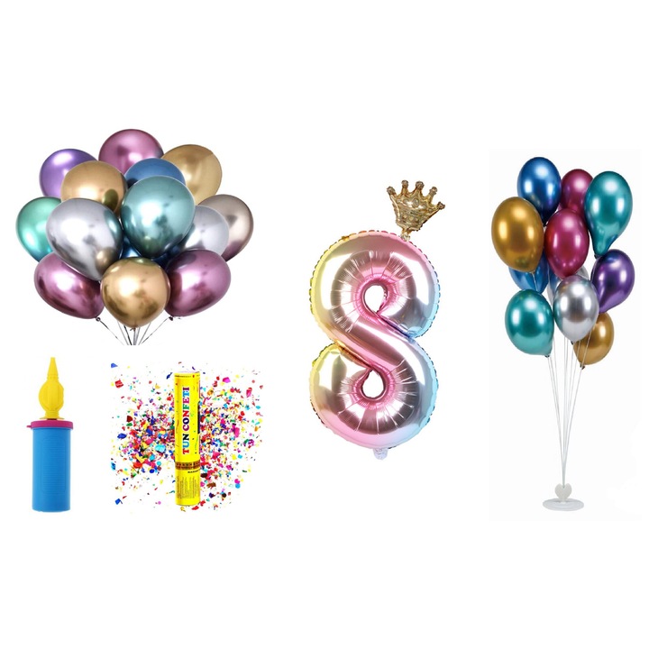 OEM születésnapi lufi készlet, 8 éveseknek, koronás modell, többszínű, 60 db