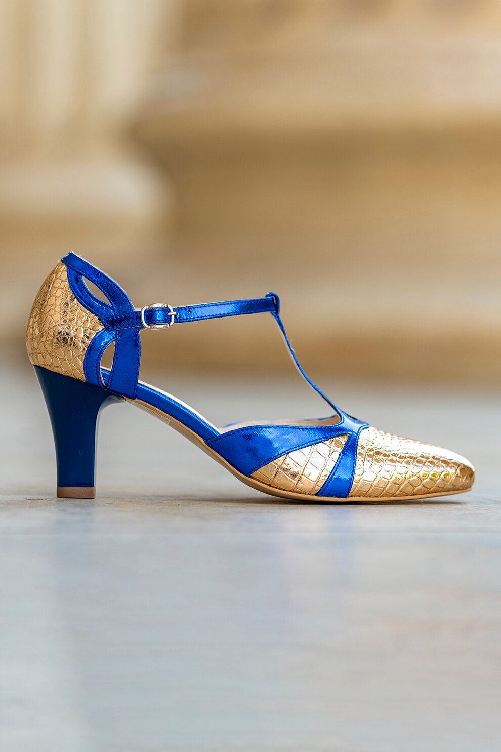 CONDUR by alexandru, Pantofi de piele cu toc kitten Margot, Auriu/Albastru royal