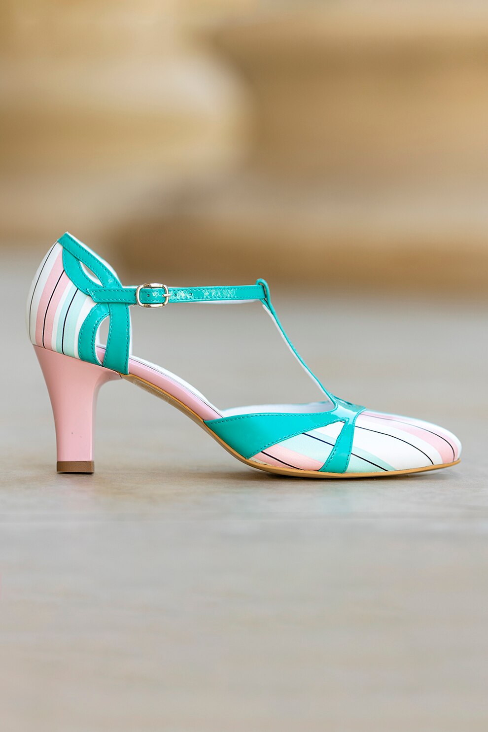 CONDUR by alexandru, Pantofi de piele cu toc kitten Margot, Roz pal/Alb/Turcoaz