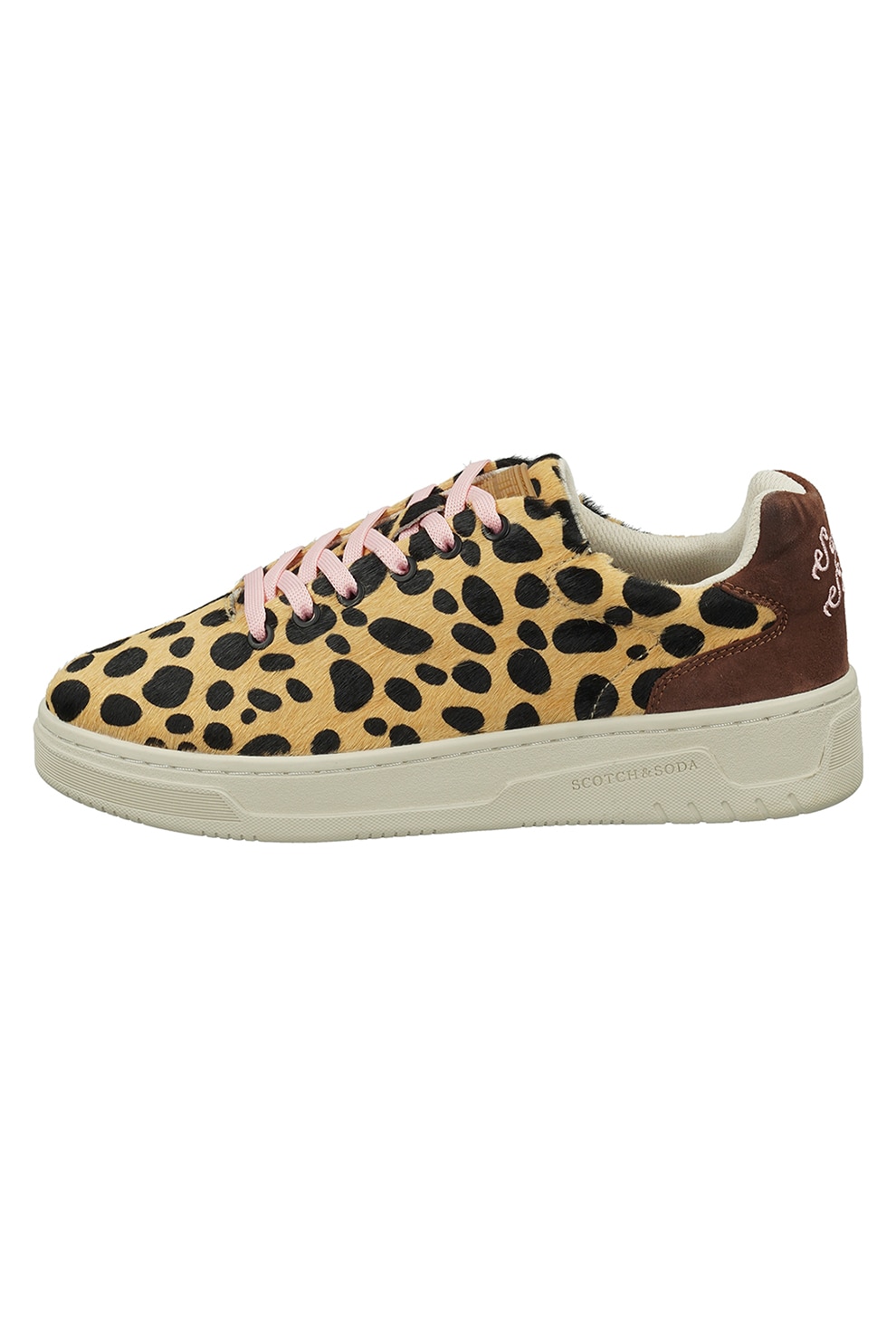 Scotch & Soda, Pantofi sport de piele cu par scurt cu animal print, Bej/Maro