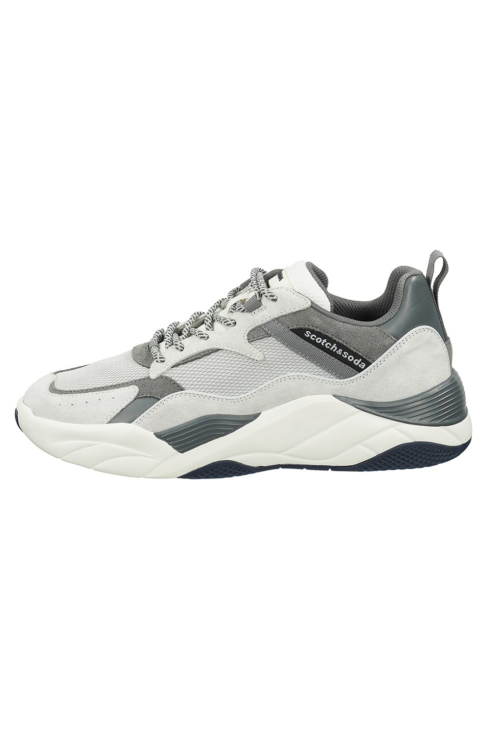 Scotch & Soda, Pantofi sport de plasa cu garnituri de piele intoarsa, Alb/Gri
