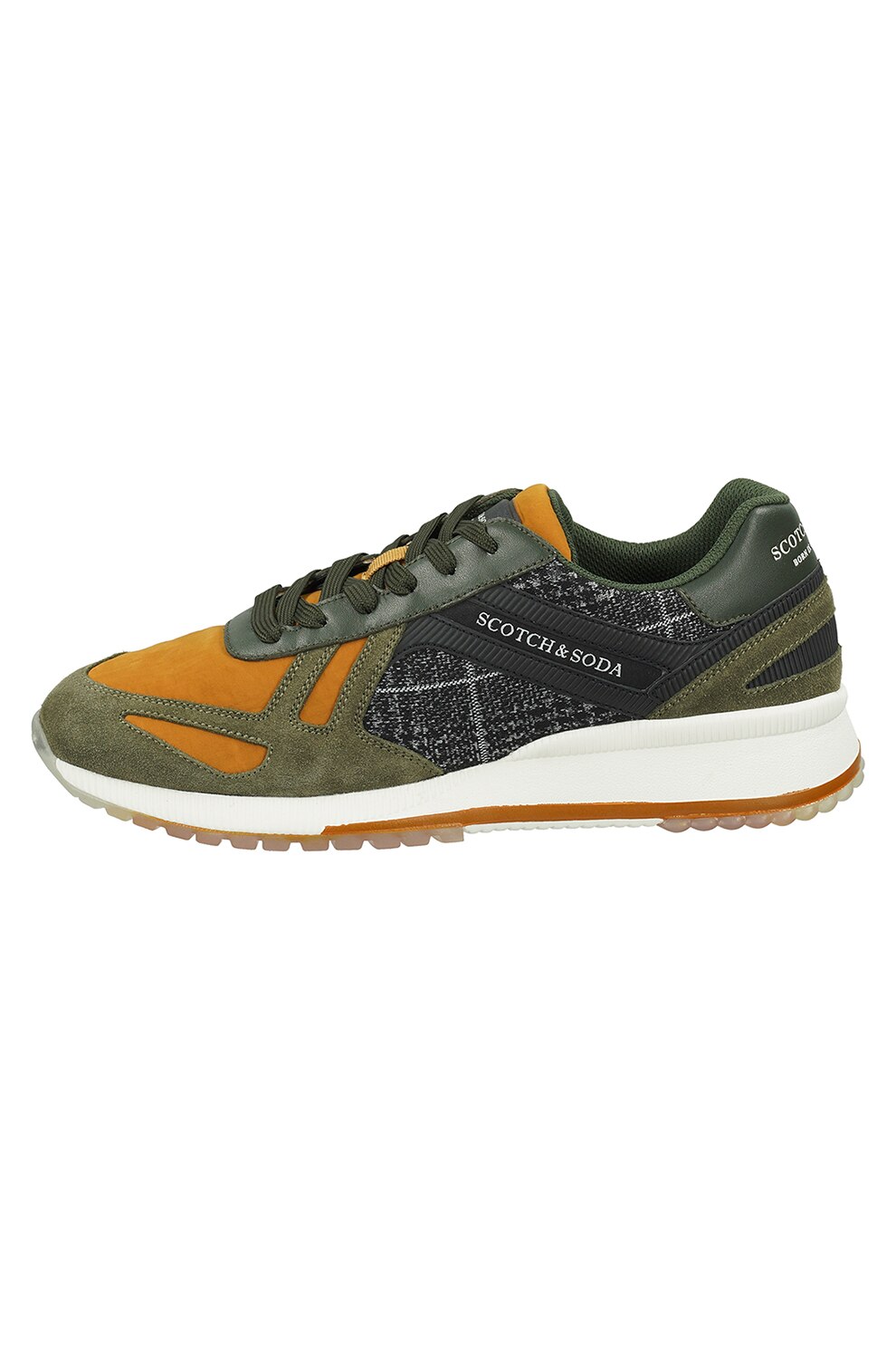 Scotch & Soda, Pantofi sport cu insertii de piele intoarsa ecologica, Verde militar/Oranj