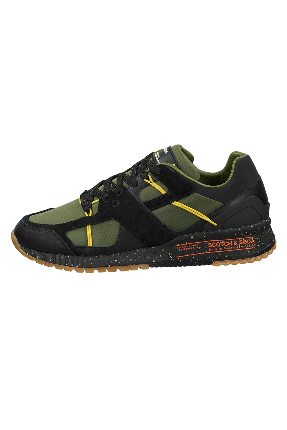Scotch & Soda, Pantofi sport cu insertie de piele ecologica si talpa cu pete decorative, Verde sparanghel/Negru