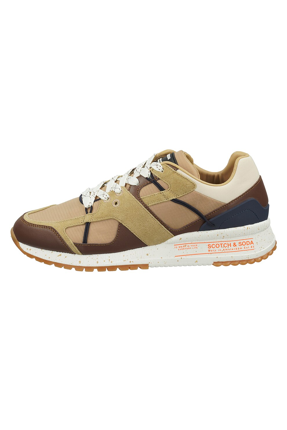 Scotch & Soda, Pantofi sport cu insertie de piele ecologica si talpa cu pete decorative, Roz piersica/Maro scortisoara