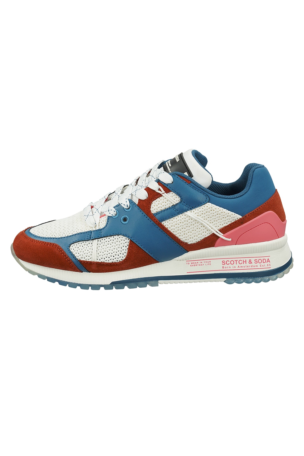 Scotch & Soda, Pantofi sport de piele cu insertii de piele intoarsa, alb, rosu inchis, albastru lavanda