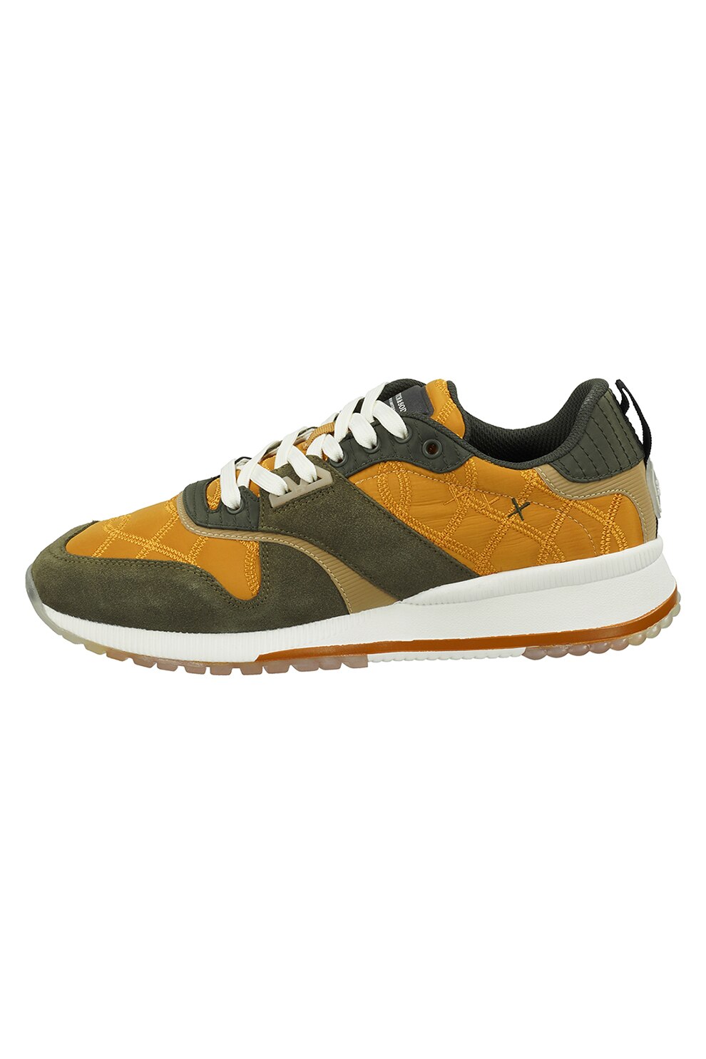 Scotch & Soda, Pantofi sport cu insertii de piele intoarsa, Verde militar/Oranj