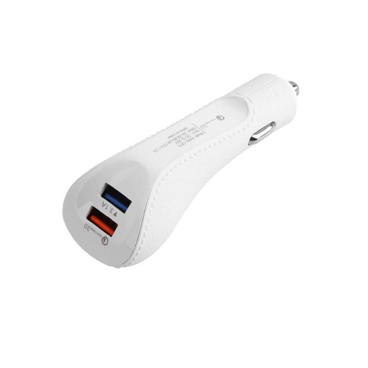 Incarcator auto 2 x USB, 5V, functie Quick Charge 3.0A, Alb