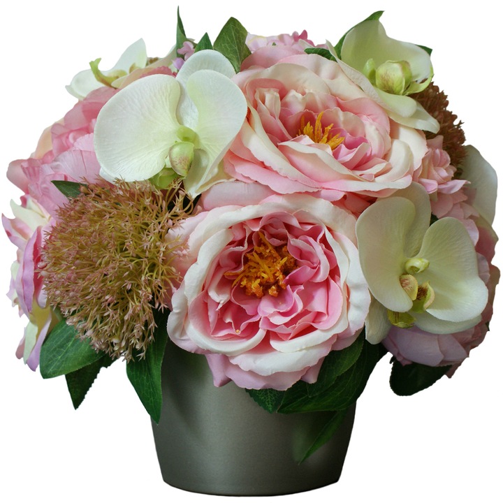 Aranjament unicat cu flori artificiale BeatrixArt, Poveste roz, 24x24x23 cm