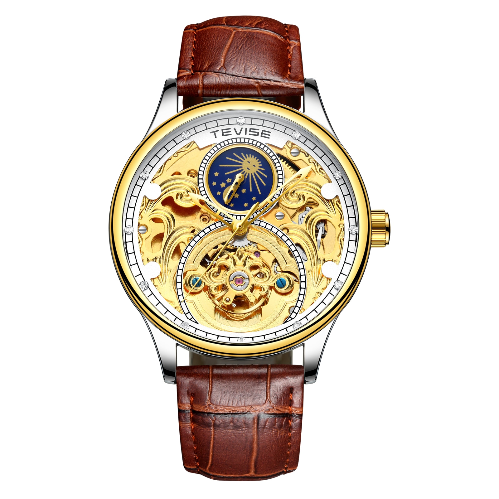 Ceas barbatesc mecanic Tevise® T820A, automatic, analog, moon phase, curea piele naturala, skeleton, rezistent la apa, cadran luminos, maro