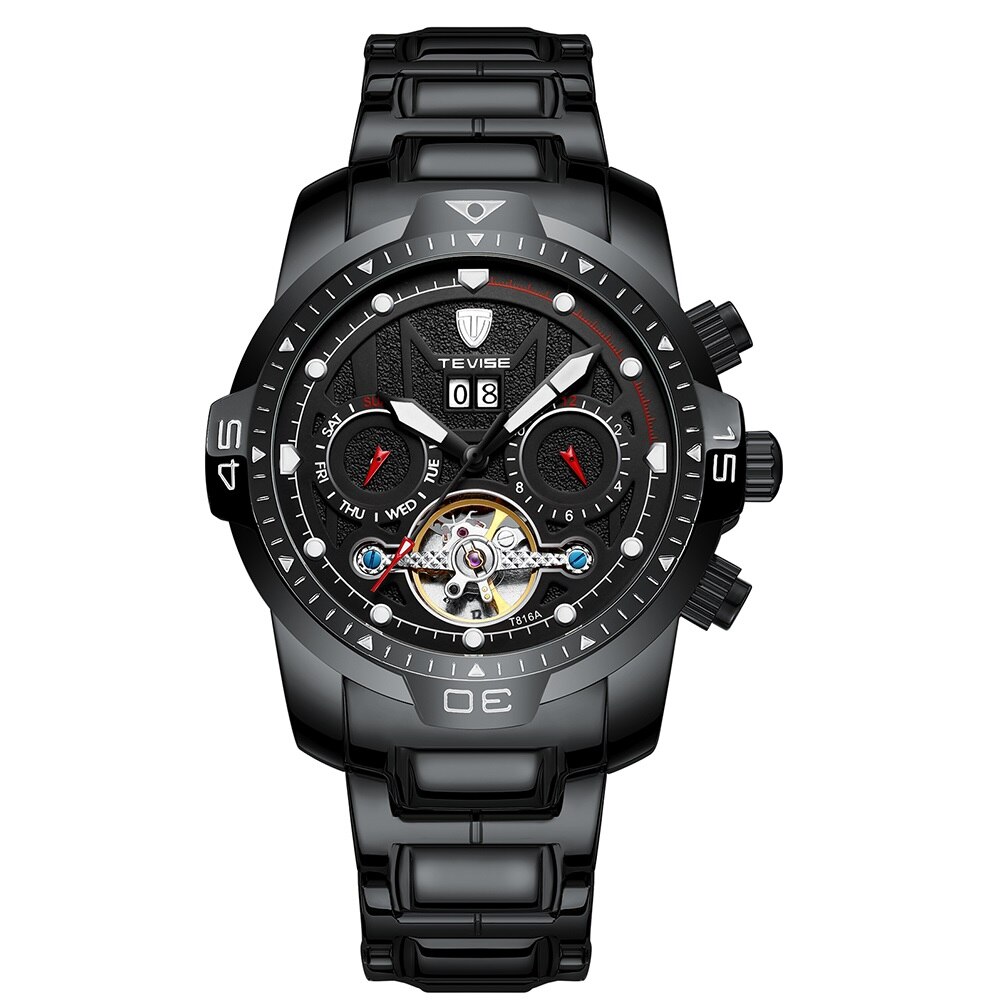 Ceas barbatesc mecanic Tevise® T816A, automatic, Tourbillon, analog, calendar, rezistent la apa, zilele saptamanii, indicatoare luminoase, curea metalica, negru