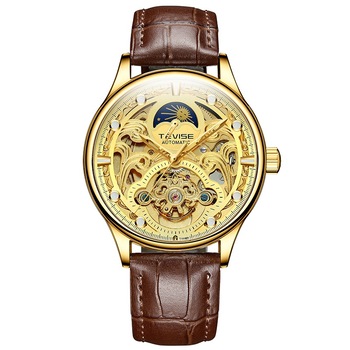 Ceas barbatesc mecanic Tevise® T820D, automatic, analog, Tourbillon, moon phase, skeleton, rezistent la apa, curea piele naturala, maro Ceas barbatesc mecanic Tevise® T820D, automatic, analog, Tourbillon, moon phase, skeleton, rezistent la apa, curea piele naturala, maro