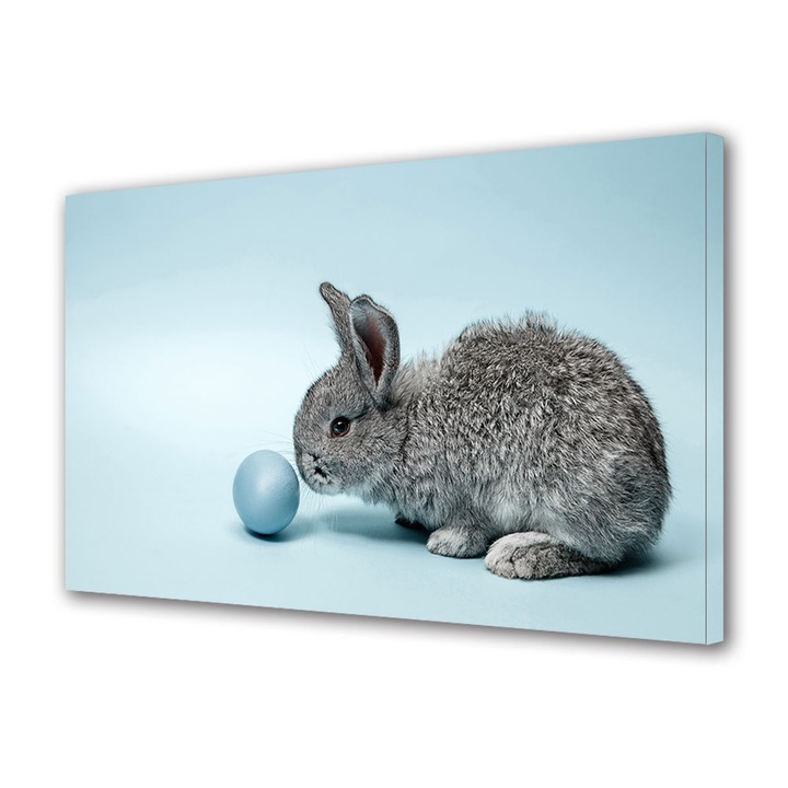 Tablou Canvas Fosforescent, Luminos in Intuneric, Premium, Art Star, Iepure gri pe fundal albastru, Animale, Panza pe cadru de lemn, Decoratiuni Moderne pentru Casa, 20 x 30 cm