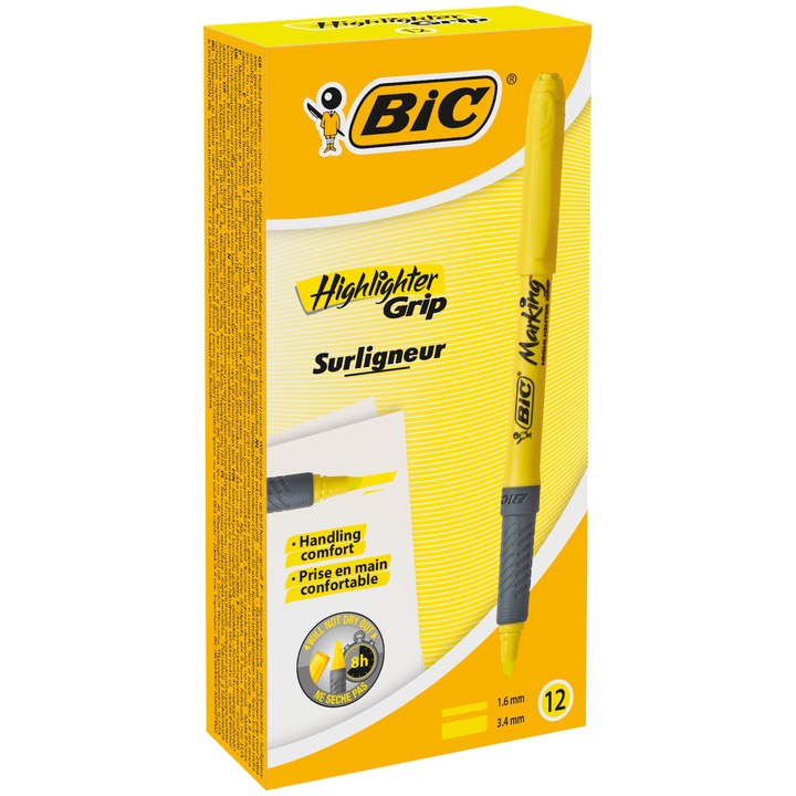 Textmarker BIC Brite Liner Grip, Жълти, 12 броя/кутия