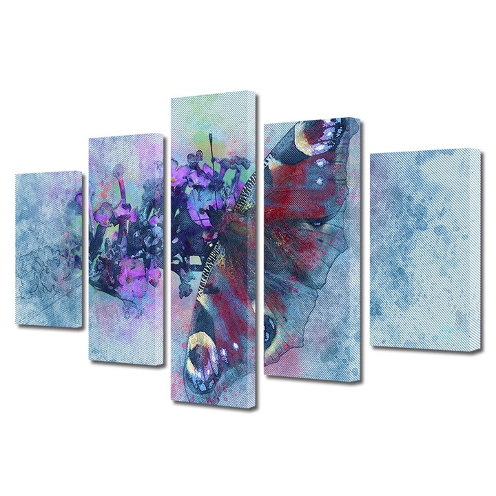 Set Tablouri Multicanvas 5 piese, Art Star, Fluture pictat in nuante de albastru, Animale, Panza pe cadru de lemn, Decoratiuni Moderne pentru Casa, 110 x 200 cm
