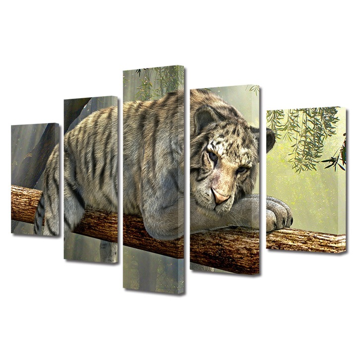 Set Tablouri Multicanvas 5 piese, Art Star, Tigru catarat, Animale, Panza pe cadru de lemn, Decoratiuni Moderne pentru Casa, 60 x 100 cm