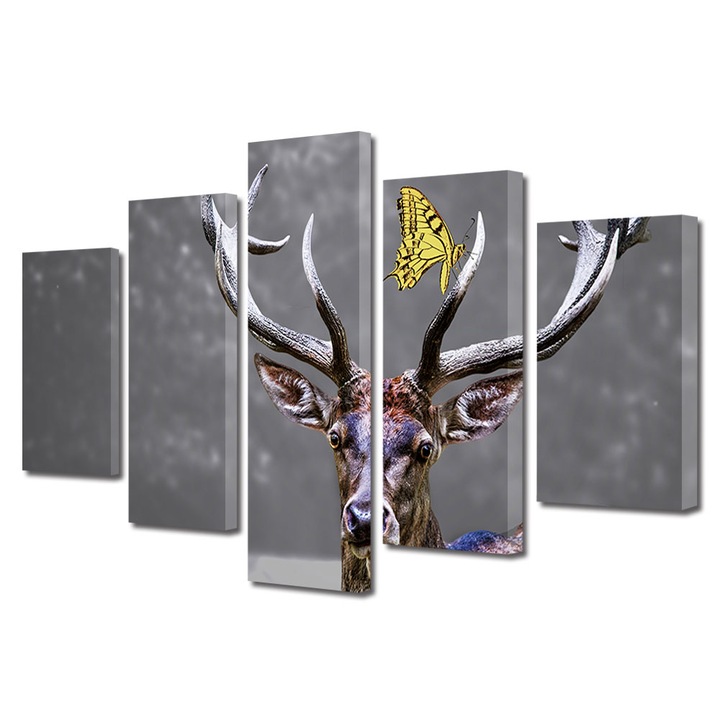 Set Tablouri Multicanvas 5 piese, Art Star, Cerbul si prietenul sau, fluturele, Animale, Panza pe cadru de lemn, Decoratiuni Moderne pentru Casa, 110 x 200 cm