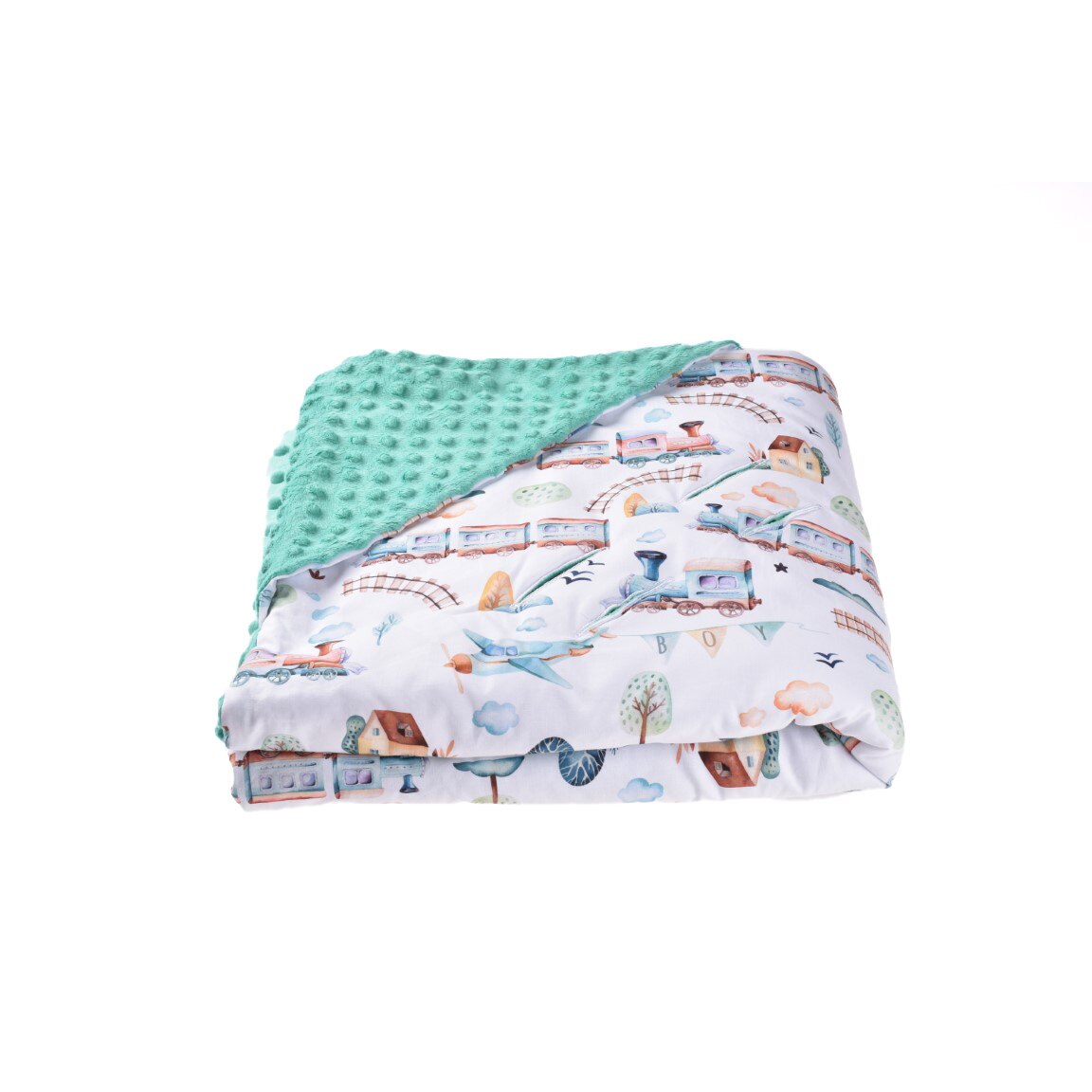 Paturica scaun auto model trenulete cu plus turquoise 75x75 cm