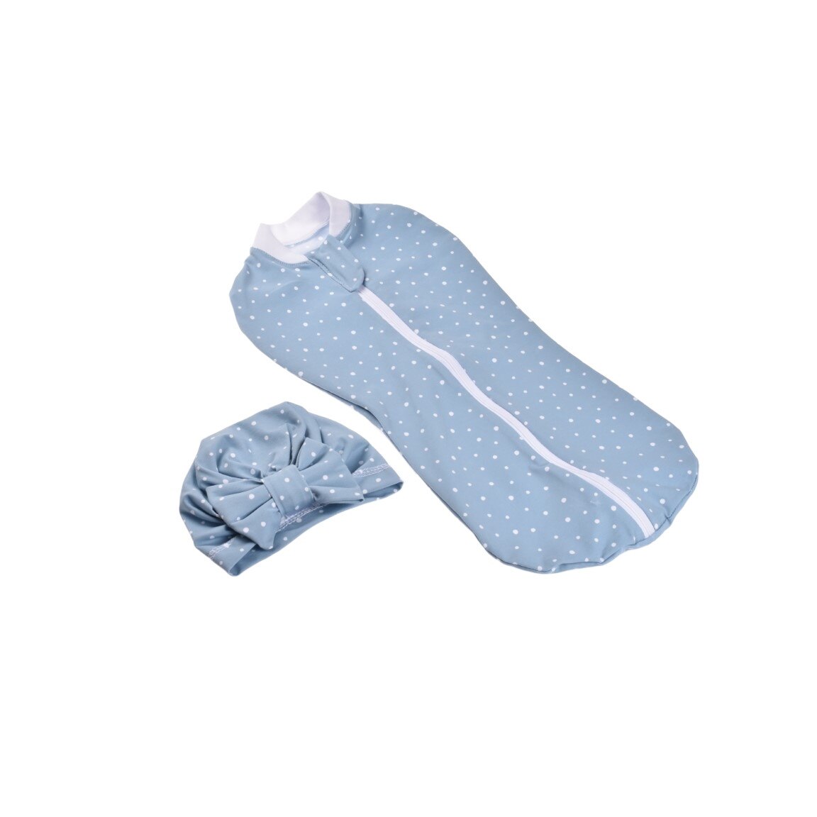 Set 2 piese sistem de infasat si turban bumbac bleu cu buline negre