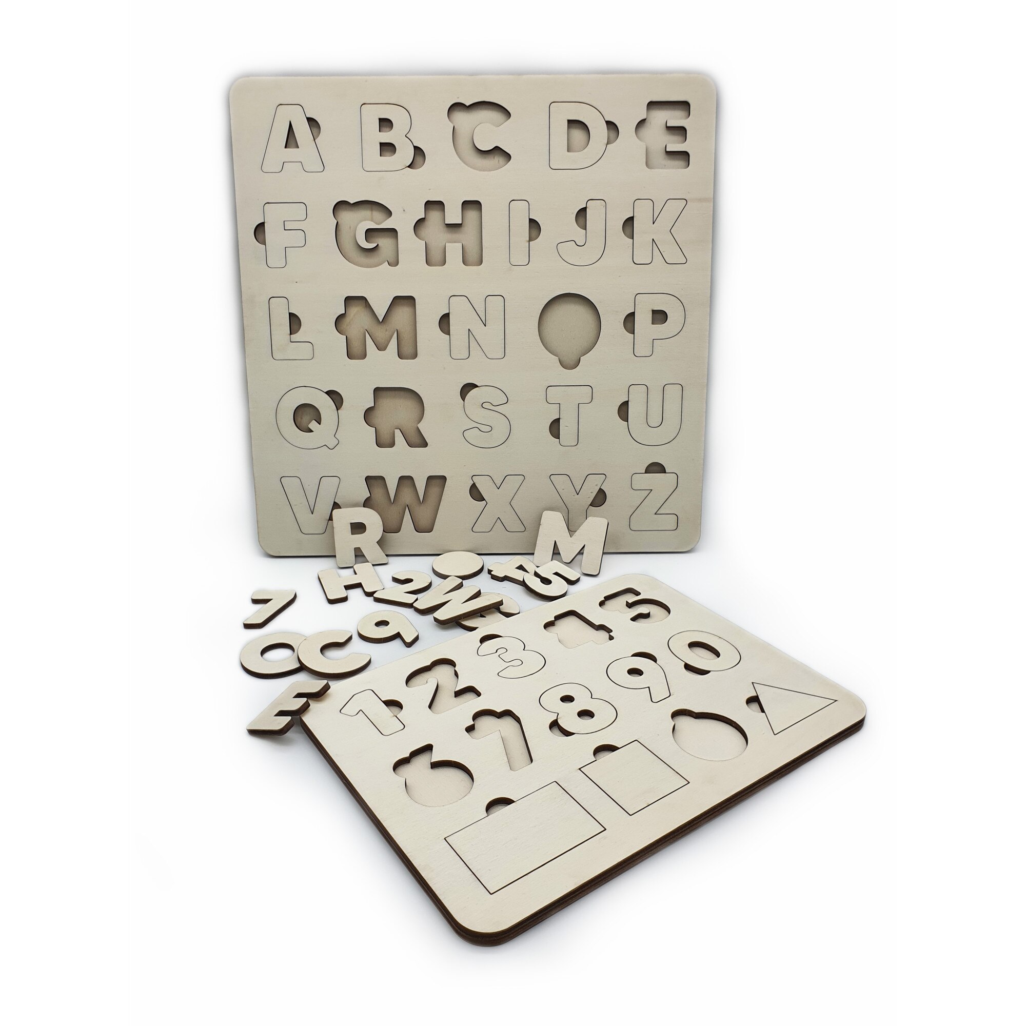 Set puzzle cifre, alfabet si forme geometrice, din lemn, 42 piese