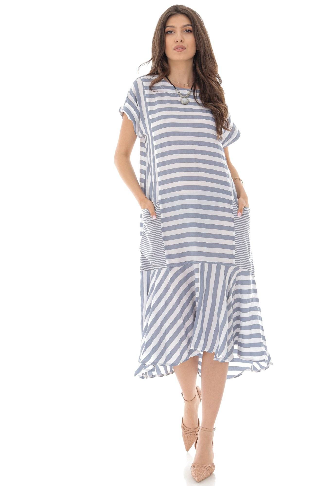 Rochie midi, ROH, DR4283, oversize, in dungi, cu buzunare largi