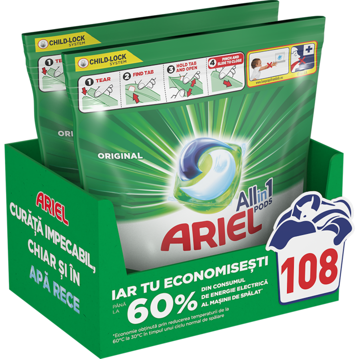 Detergent de rufe capsule Ariel All in One PODS Original, 2x54 buc, 108 spalari