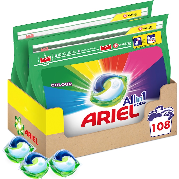 Капсули за пране Ariel All in One PODS Color, 2x54 броя, 108 пранета