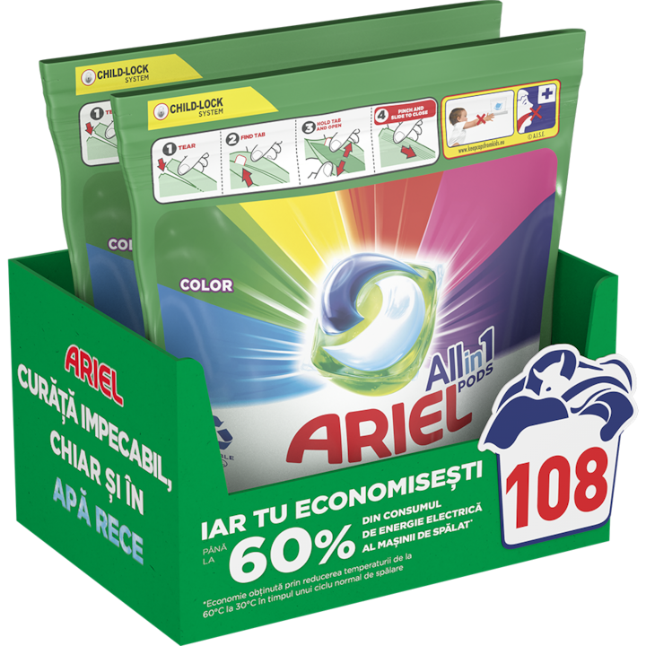 Detergent de rufe capsule Ariel All in One PODS Color, 2x54 buc, 108 spalari
