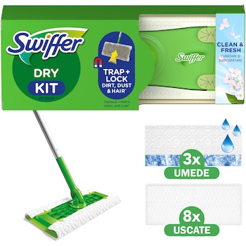 Trusa de baza cu Mop Uscat/Umed Swiffer Trap & Lock 1 Mop, 8 Rezerve lavete uscate + 3 Rezerve lavete umede, Lamaie